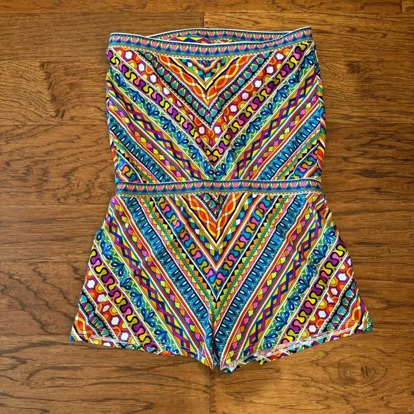 Trina Turk Peruvian Stripe Swimsuit Romper Cover Up Multicolor Halter Top Size M - Picture 12 of 14